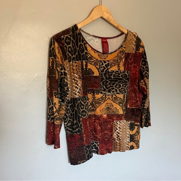 Olsen Europe Women’s Patchwork Pattern 3/4 Sleeve Shirt Top Red Large XL 14 - Picture 2 of 9